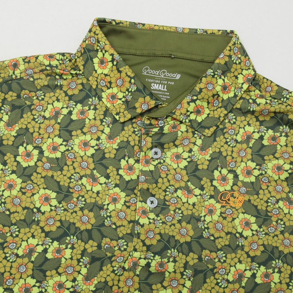 Good Good Golf Men's Small Floral Performance Polo Shirt Green Yellow Orange